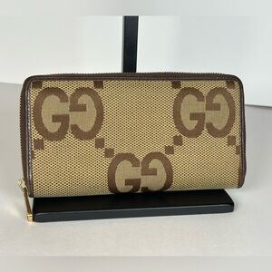 Authentic Gucci Brown Jumbo GG Canvas Zip Continental Wallet